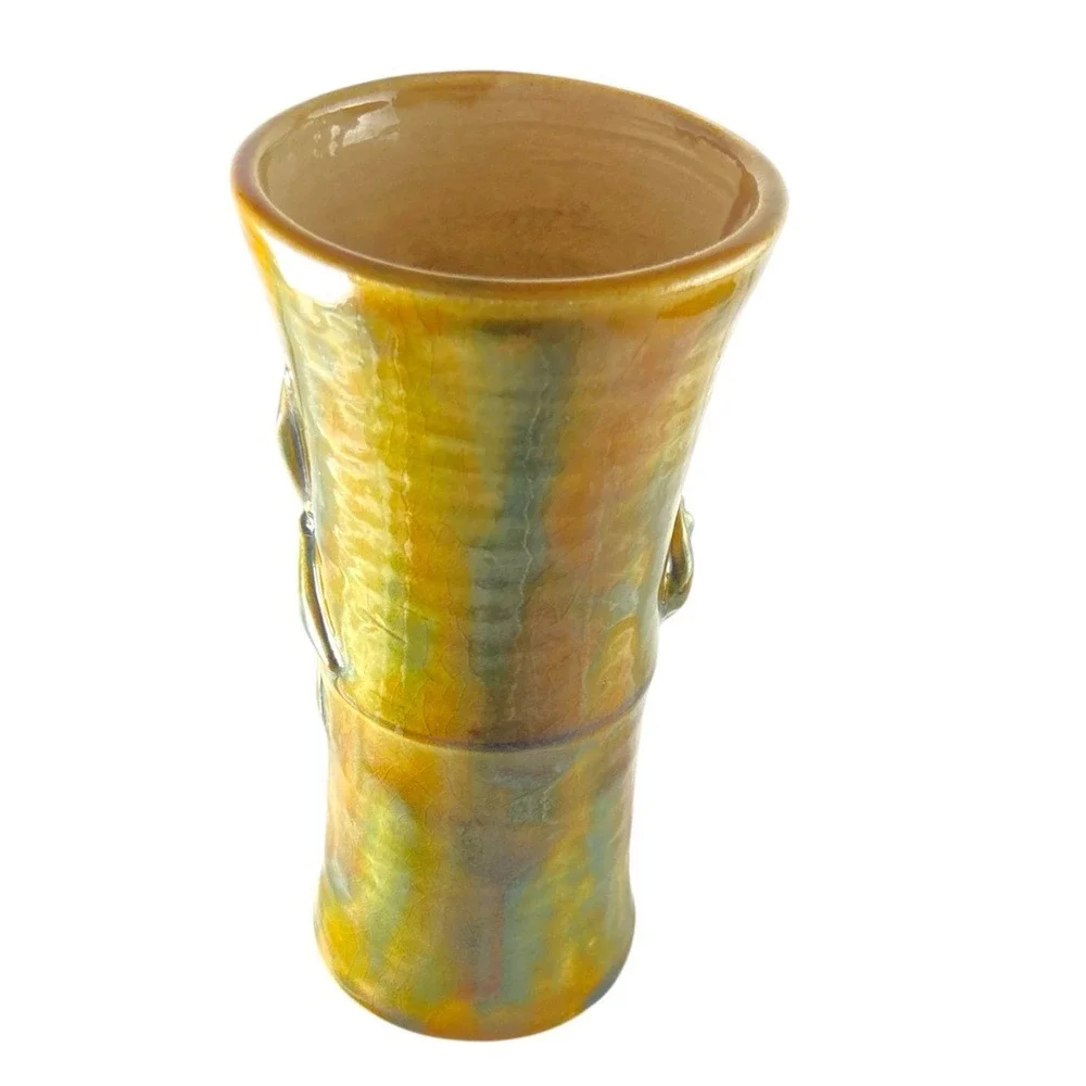 Vintage Majolica Style Frog Bamboo Vase Handcrafted Art Pottery 8¼″
